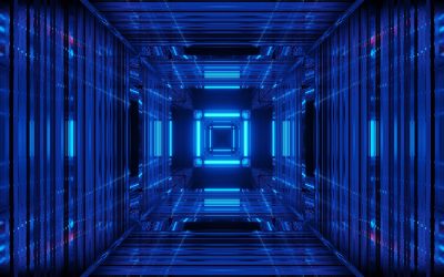 The abstract science fiction futuristic background with blue neon lights